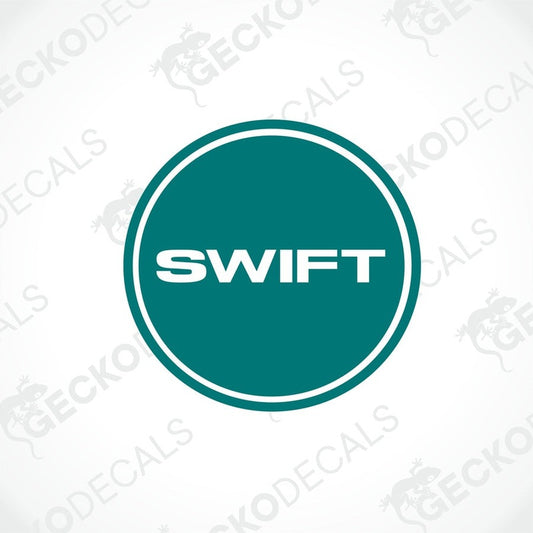 Teal SWIFT circular printed laminated decal with white border for caravan interior exterior