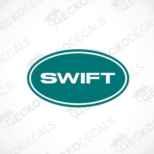 A blue, green, and white geometric shaped decal with the brand name 'SWIFT' inside it.