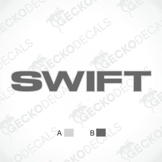 A printed laminated die cut decal with the word 'SWIFT' in capital letters, accompanied by the Gecko Decals logo.