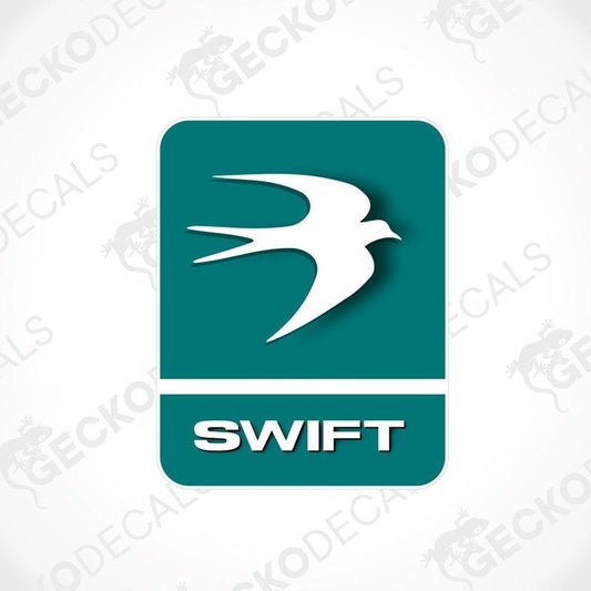 A blue decal with a white graphic of a bird and the text 'SWIFT'.