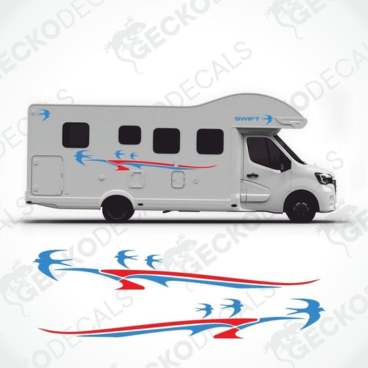 A white caravan with blue and red decals featuring the brand name 'SWIFT'. The image also includes a set of die cut decals with the same colors and branding.