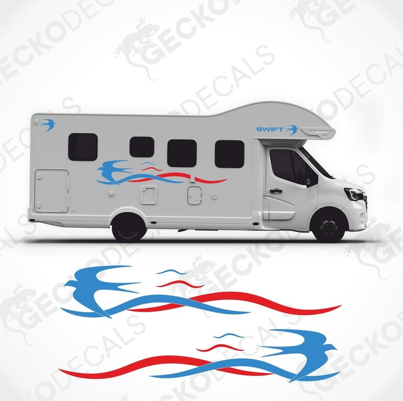A white caravan with blue and red decals featuring the name 'SWIFT' and a logo design.