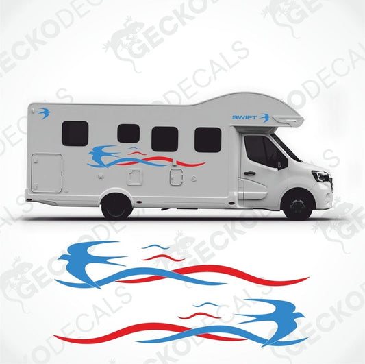 A white caravan with blue and red decals featuring the name 'SWIFT' and a logo design.