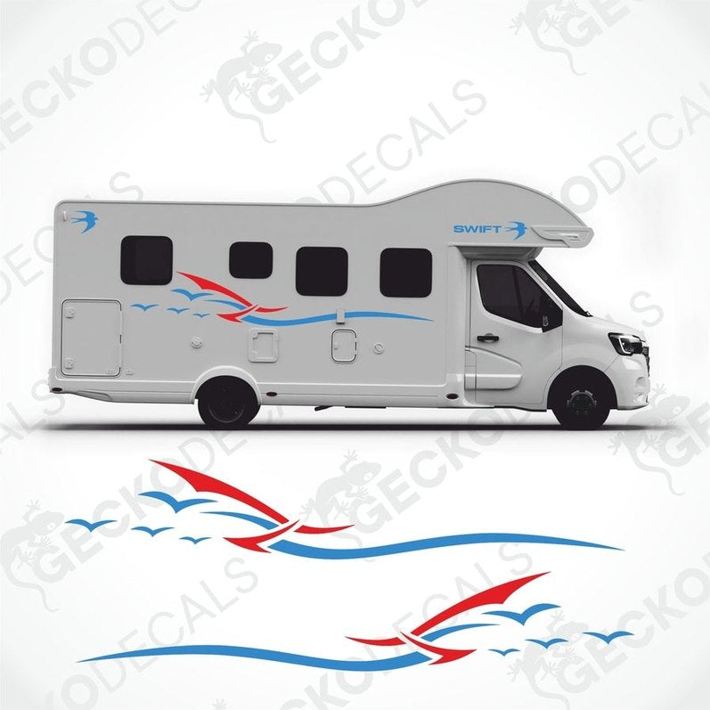 A white caravan with blue and red decals featuring the brand name 'SWIFT'. The image also includes a set of decals with wave-like designs that are part of the product.
