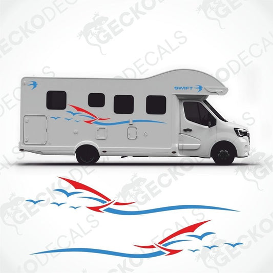 A white caravan with blue and red decals featuring the brand name 'SWIFT'. The image also includes a set of decals with wave-like designs that are part of the product.