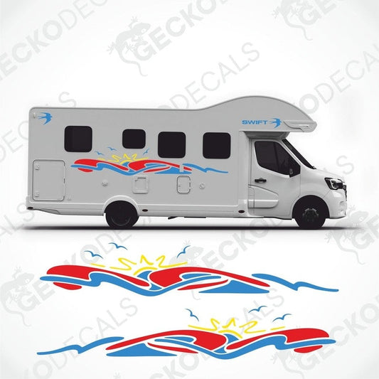 A white caravan with blue, red, and yellow decals featuring a wave and bird design, and the brand name 'SWIFT' visible on the side.