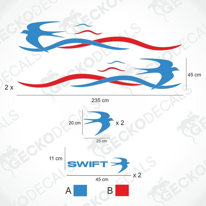 A white caravan with blue and red decals featuring the name 'SWIFT' and a logo design.
