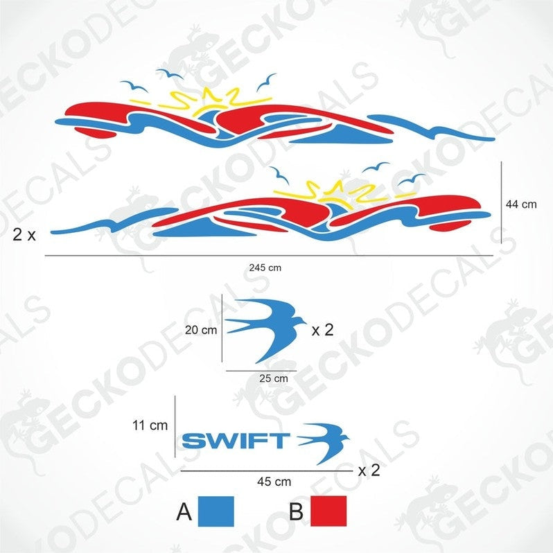 A white caravan with blue, red, and yellow decals featuring a wave and bird design, and the brand name 'SWIFT' visible on the side.