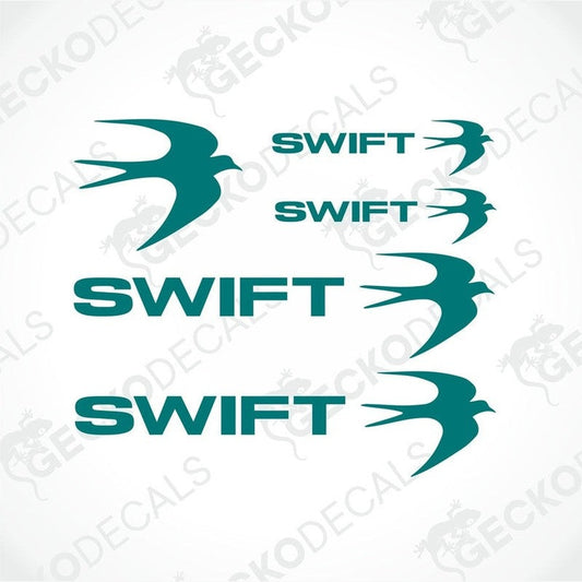 Teal Swift caravan logo decal set with bird silhouettes and text on transfer paper