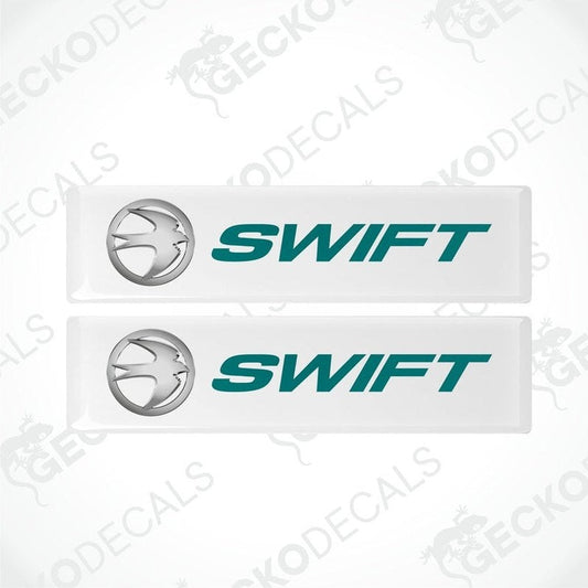 Two white vinyl stickers with the word 'SWIFT' and a logo depicting a bird in the center, placed on a white background.