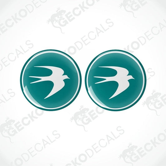 Two round vinyl stickers with a bird design and a green background, placed on a white background with the text 'geckodecals'.