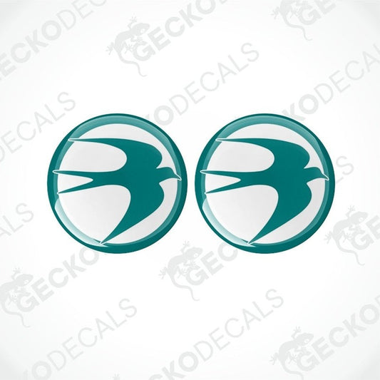 Two round vinyl stickers with a geometric pattern, predominantly white with teal accents, and the Gecko Decals logo.
