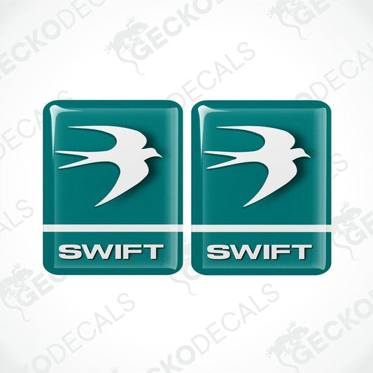 Two green vinyl stickers with a white and green geometric design representing the Swift brand.