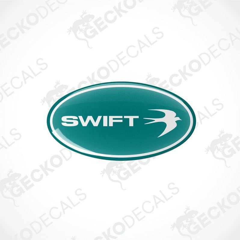 Teal domed epoxy decal with SWIFT text and bird logo