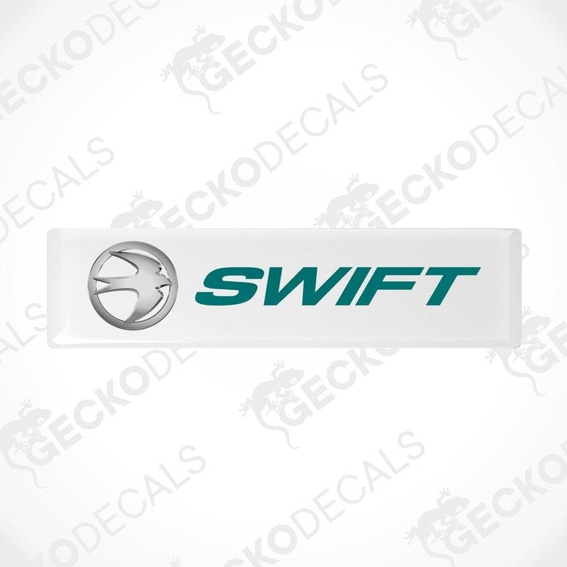 Two white vinyl stickers with the word 'SWIFT' and a logo depicting a bird in the center, placed on a white background.