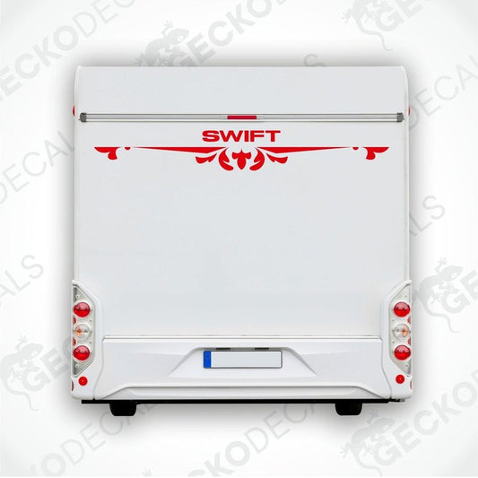 A white caravan with a red and black 'SWIFT' brand decal on the rear side.