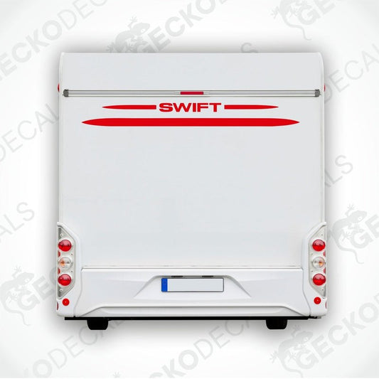 A white caravan with a red and black 'SWIFT' decal on the rear side.