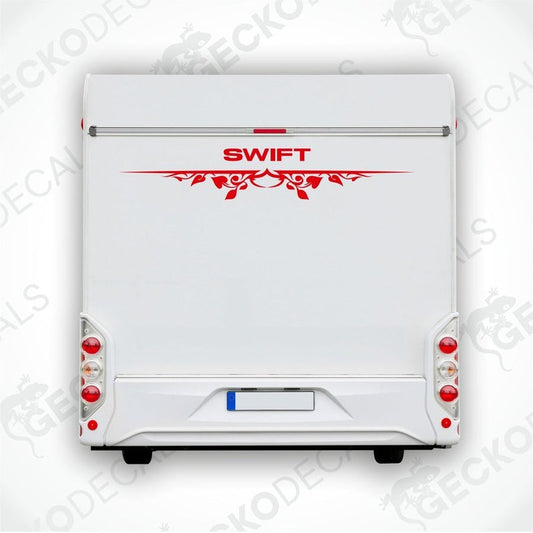 A white caravan with a red and black 'SWIFT' decal on the rear side.