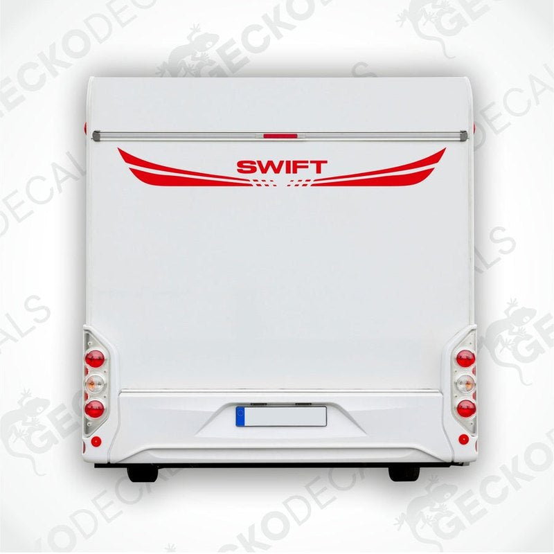 A white caravan with a red and black 'SWIFT' brand decal on the rear side.