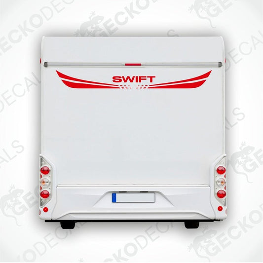 A white caravan with a red and black 'SWIFT' brand decal on the rear side.