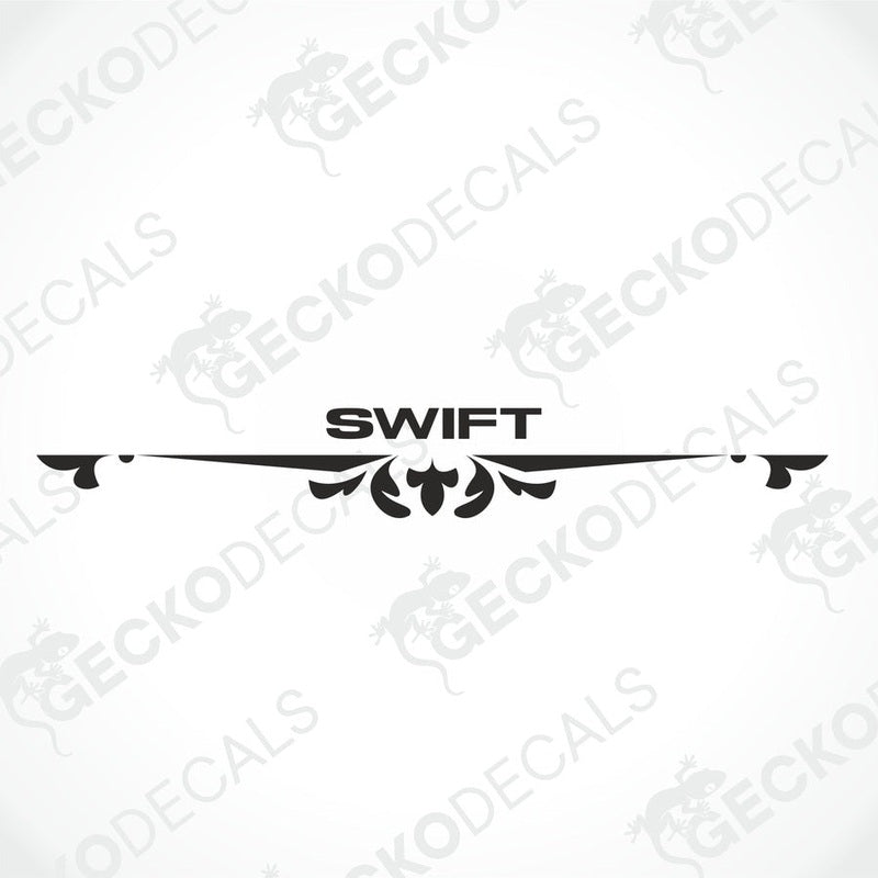 A black die cut decal with the word 'SWIFT' and a decorative design.