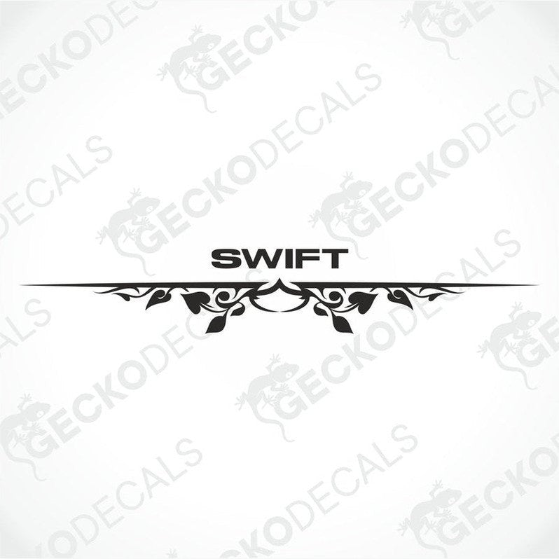 A black die cut decal with the word 'SWIFT' in the center, surrounded by a decorative floral pattern.