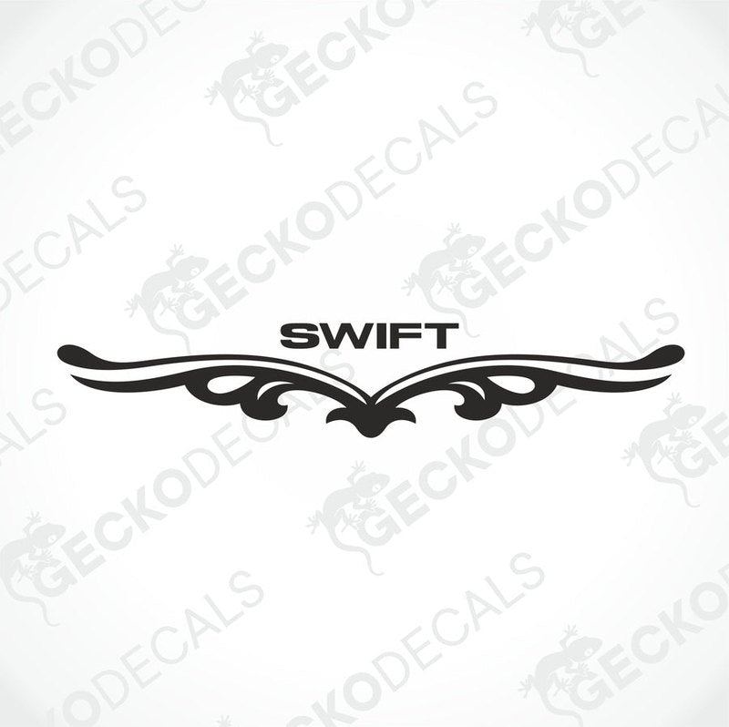A black die cut decal with the word 'SWIFT' and a decorative border.