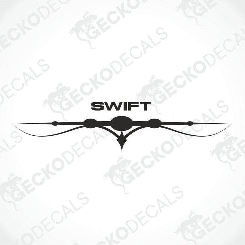 A black die cut decal with the word 'SWIFT' and a graphical design resembling a stylized bird or an airplane in the shape of the letter 'S'.