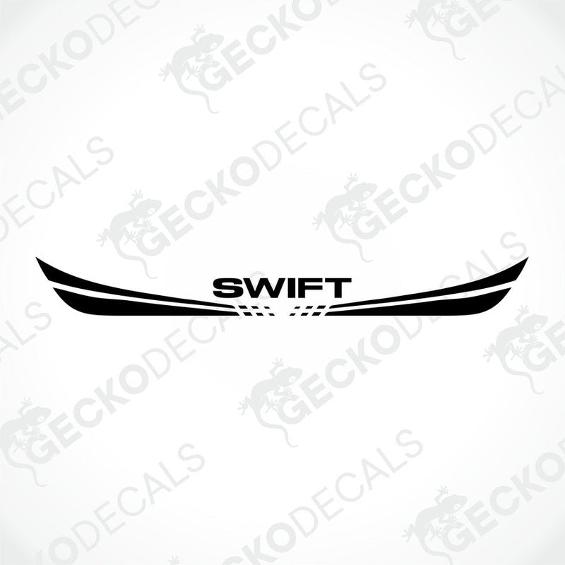 A white caravan with a red and black 'SWIFT' brand decal on the rear side.