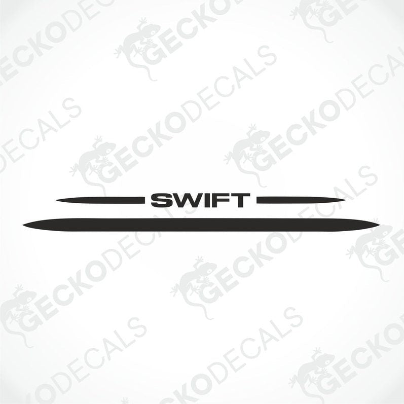 A white caravan with a red and black 'SWIFT' decal on the rear side.