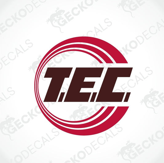 T.E.C. die cut decal with bold brown text and red concentric arcs for car or caravan interior exterior use