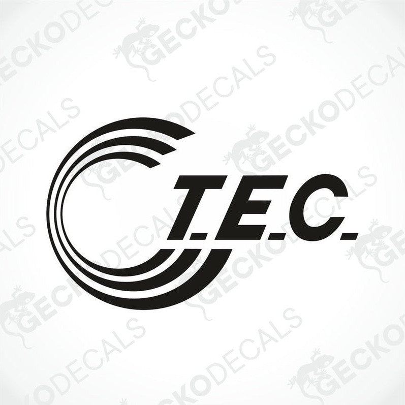 Black T.E.C. die cut decal with circular graphic for car or caravan interior exterior use
