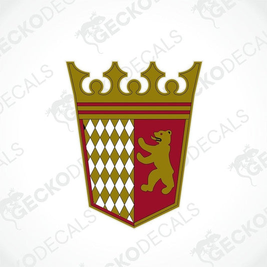 A die cut sticker with a printed emblem design featuring a bear, a crown, and geometric patterns predominantly in red and gold colors.