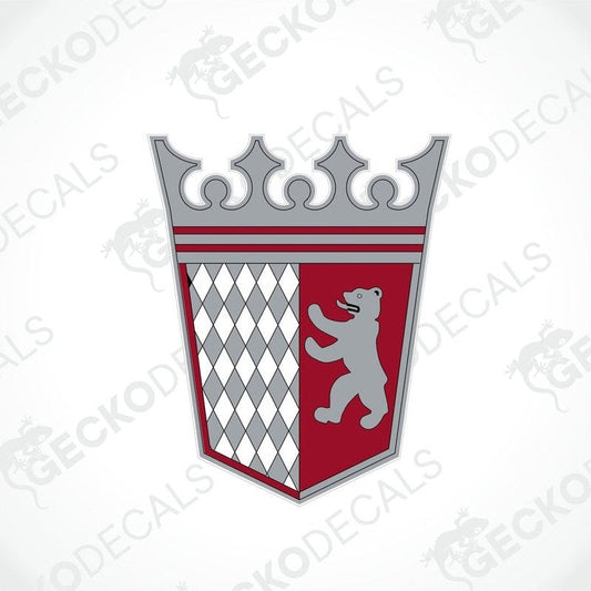 A die cut sticker depicting a shield with a bear and diamond pattern design, typically used as a car decal.