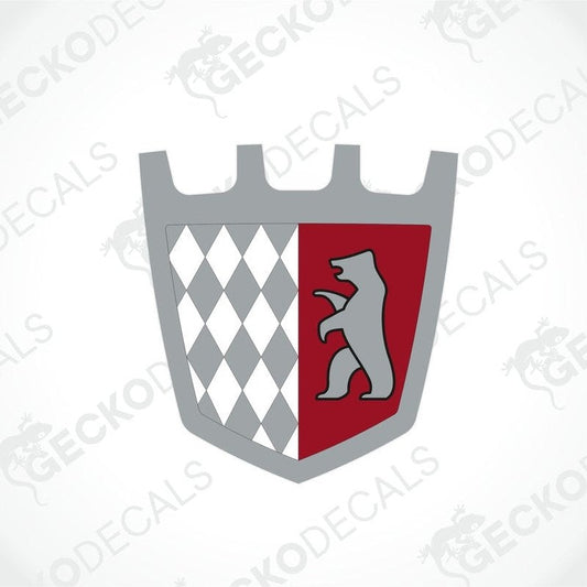 A die cut sticker depicting a shield with a bear and diamond pattern design, typically used as a car decal.