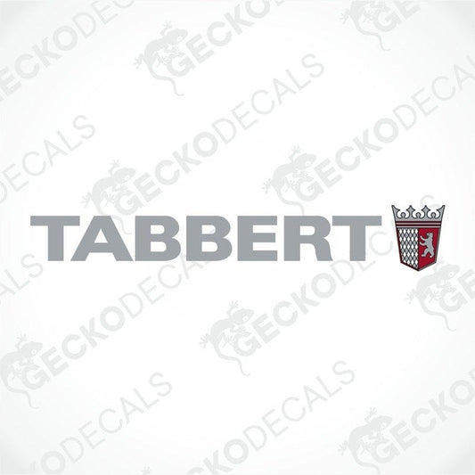 A die cut sticker with the brand name 'TABBERT' printed in a bold, clear font, accompanied by a graphic of a shield with a crest.