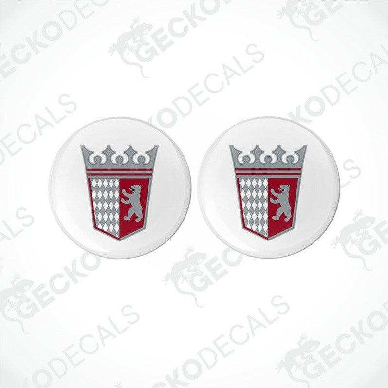 Two round white vinyl decals with a red and gray emblem, designed for motorhome use.