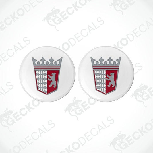 Two round white vinyl decals with a red and gray emblem, designed for motorhome use.