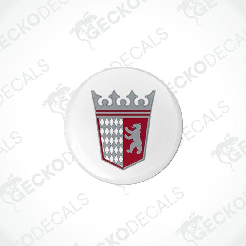 Two round white vinyl decals with a red and gray emblem, designed for motorhome use.