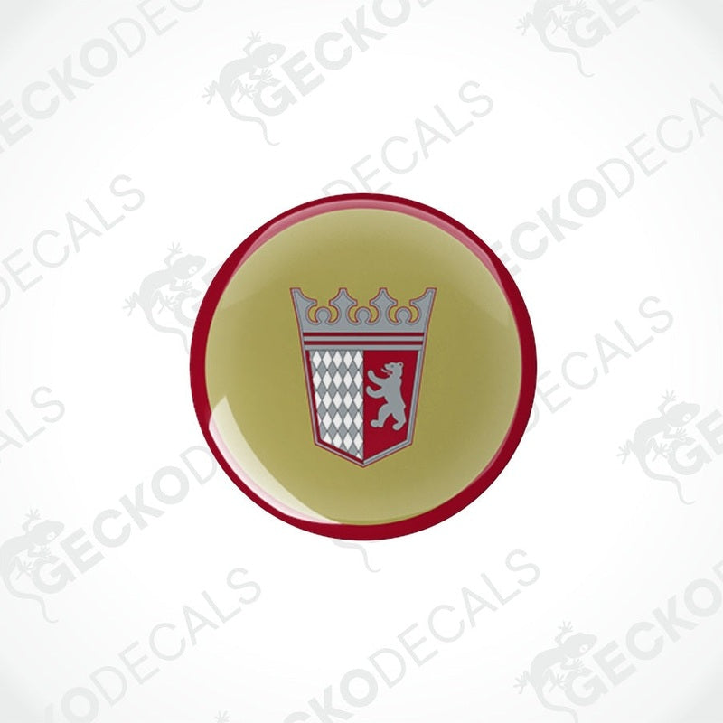 Two round vinyl stickers with a geometric pattern, consisting of a red and white emblem on a beige background, surrounded by a red border.