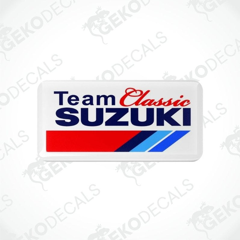 White vinyl stickers with red, blue, and gray 'TEAM CLASSIC SUZUKI' text and a blue cobalt logo.