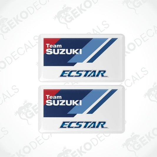 Two rectangular vinyl decals with a polyurethane coating featuring the Team SUZUKI ECSTAR logo in blue, red, and white colors.