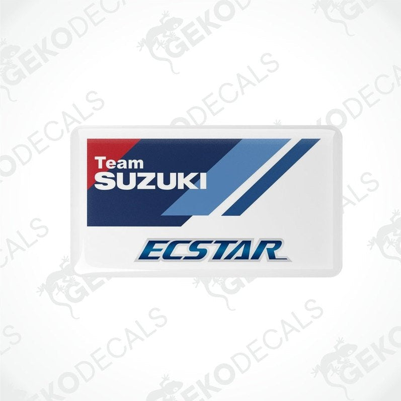 Rectangular vinyl decals with a polyurethane coating featuring the Team SUZUKI ECSTAR logo in blue, red, and white colors.