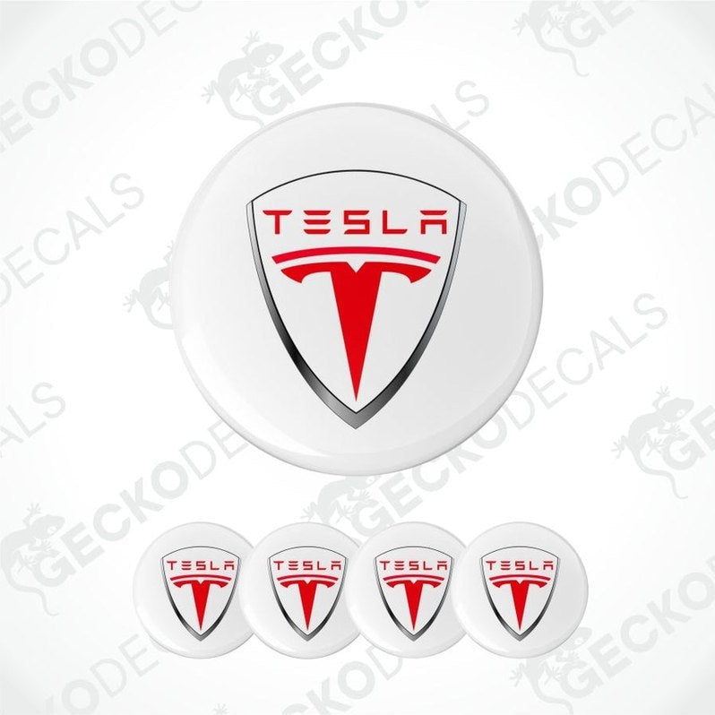 Tesla logo decal on a white background with 'Gecko Decals' branding.