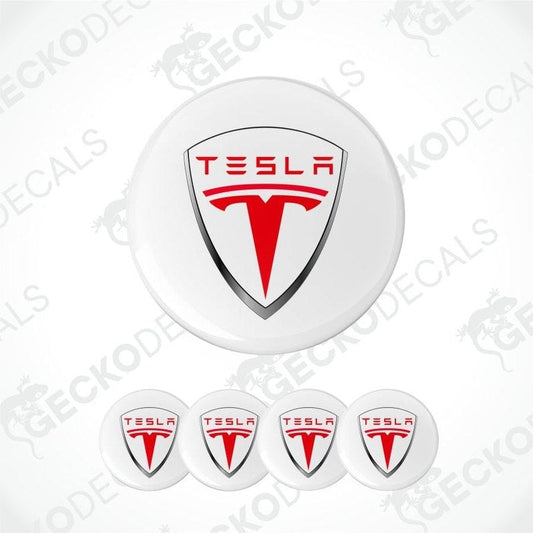 Tesla logo decal on a white background with 'Gecko Decals' branding.
