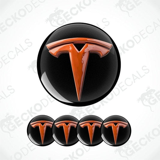 Set of Tesla logo decals on a white background with 'Gecko Decals' branding.
