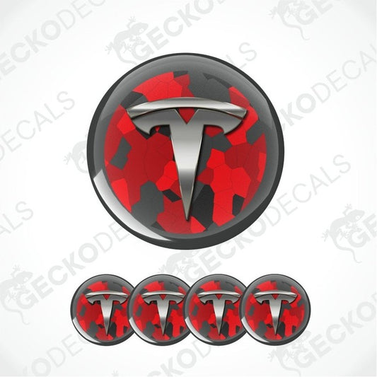 Red and black camouflage Tesla logo decal on a white background with 'GECKODECALS' branding.