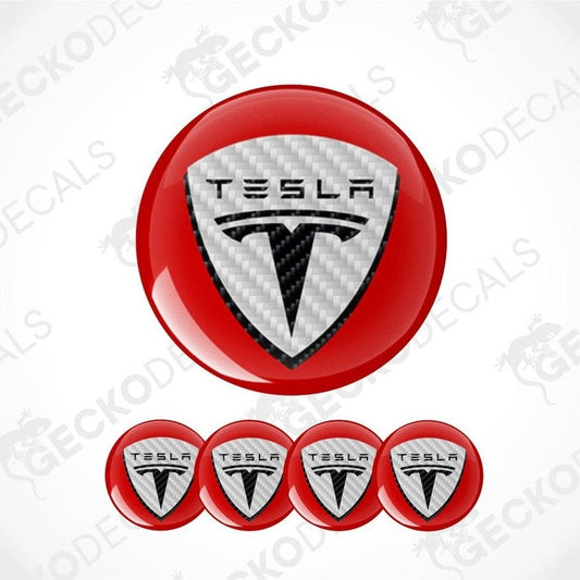 White and black Tesla logo on red circular bacground epoxy decal set on a white background with 'GeckoDecals' branding.