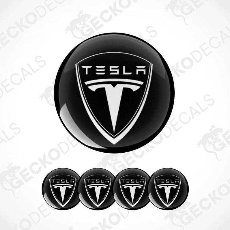 Tesla logo decal set on a white background with 'GECKODECALS' branding.