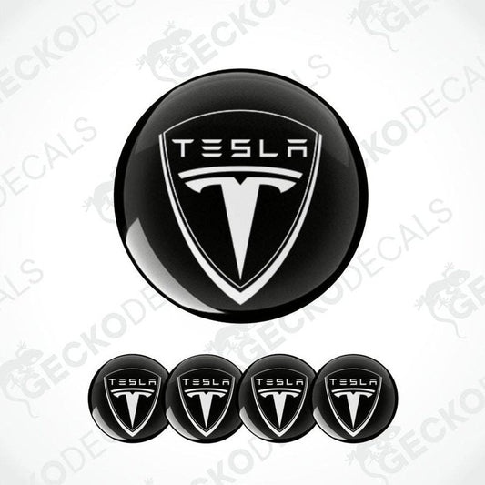 Tesla logo decal set on a white background with 'GECKODECALS' branding.